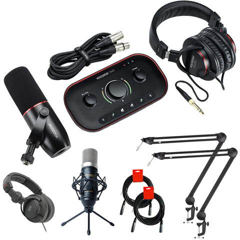 Focusrite Vocaster Two Studio 1-Person Podcasting Bundle with 512 AUDIO 512-BBA Mic Boom Arm, Marantz Pro MPM-1000 Condenser Mic, Polsen Monitor Headphones, and XLR-XLR Cable