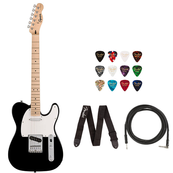 Squire Sonic Telecaster Electric Guitar, Black, Maple Fingerboard Bundle with Fender Logo Guitar Strap Black, Fender 12-Pack Celluloid Picks, and Gator Guitar Stand