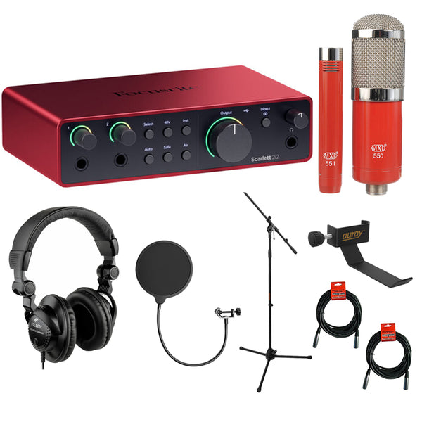 Focusrite Scarlett 2i2 USB-C Audio Interface (4th Gen) with MXL 550/551 Mic Ensemble (Red), Headphones, Pop Filter, Headphone Holder, Mic Stand & 2x XLR Cable Bundle