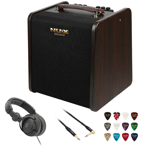 NUX Stageman II AC-80 Bluetooth Portable Acoustic Guitar Amplifier Bundle with Polsen HPC-A30-MK2 Studio Monitor Headphones, Kopul 10' Instrument Cable, and Fender 12-Pack Picks