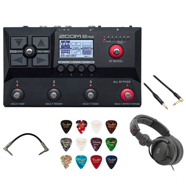 Zoom B2 Four Amplifier and FX Emulator Pedal Bundle with Polse Studio Headphone, Fender 12-Pack Guitar Picks, Kopul 10' Instrument Cable and Hosa 6" Pro (1/4") Coupler