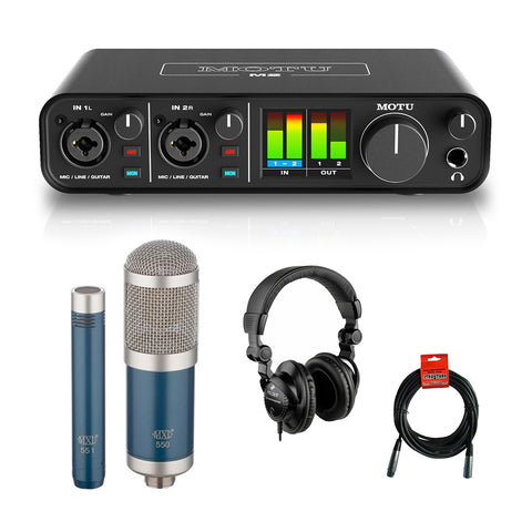 Motu M2 2x2 USB Audio Interface with MXL 550/551R Microphone (Blue), HPC-A30 Studio Monitor Headphones & XLR Cable Bundle