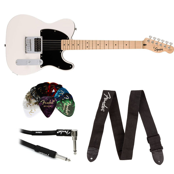 Squier Sonic ESquier Electric Guitar Arctic White, Maple Fingerboard Bundle with Fender Logo Guitar Strap Black, Fender 12-Pack Celluloid Picks, and Straight/Angle Instrument Cable