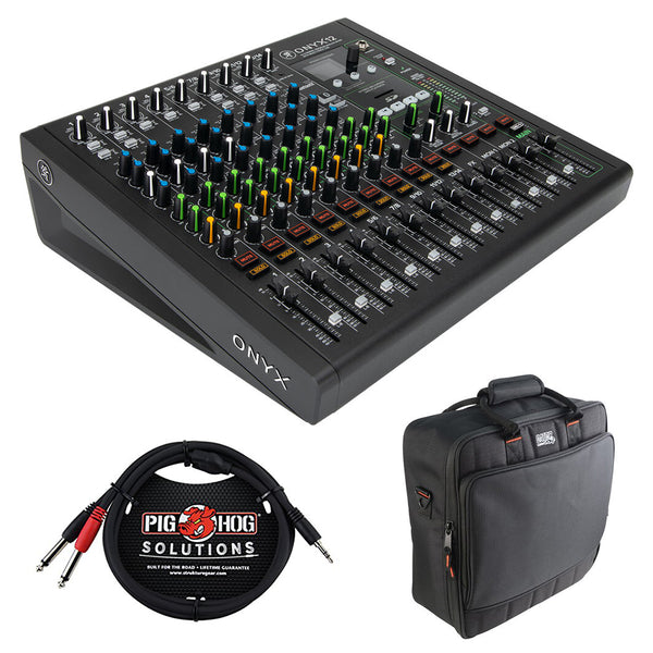 Mackie ONYX 12-Channel Premium Analog Mixer with Multi-Track USB Bundle with Pig Hog Solutions 10' Stereo Breakout Cable and Gator Cases G-MIXERBAG-1515 Padded Nylon Mixer/Equipment Bag