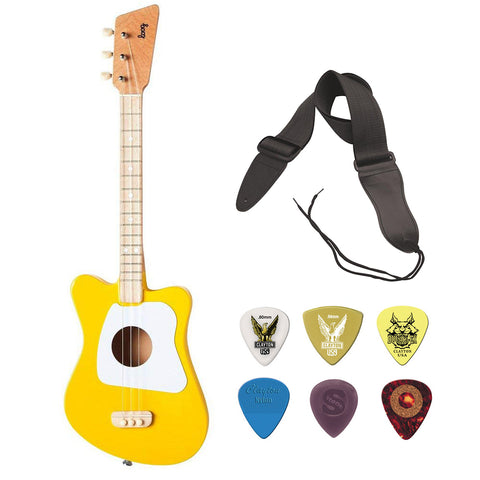 Loog Mini Acoustic Guitar 3-String Guitar (Yellow) with GSA10BK Guitar Strap (Black) & Guitar Pick Assortment 6-Pack Bundle