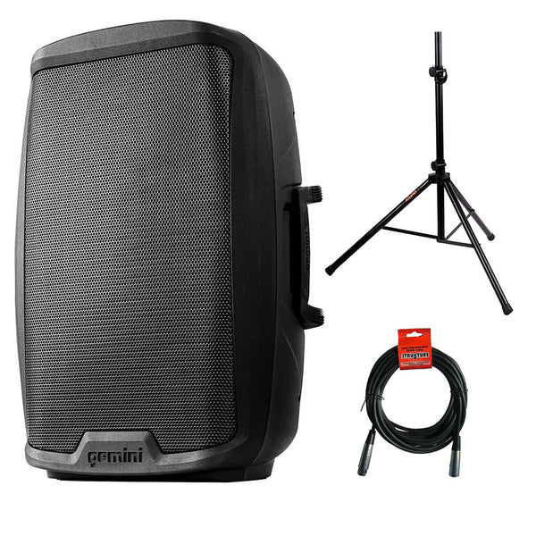 Gemini Sound AS-2112BT Active 12" Woofer 1500W Watt DJ Monitor Powered Amplified PA Speakers System with Bluetooth Bundle with Auray SS-4420 Steel Speaker Stand and XLR Cable