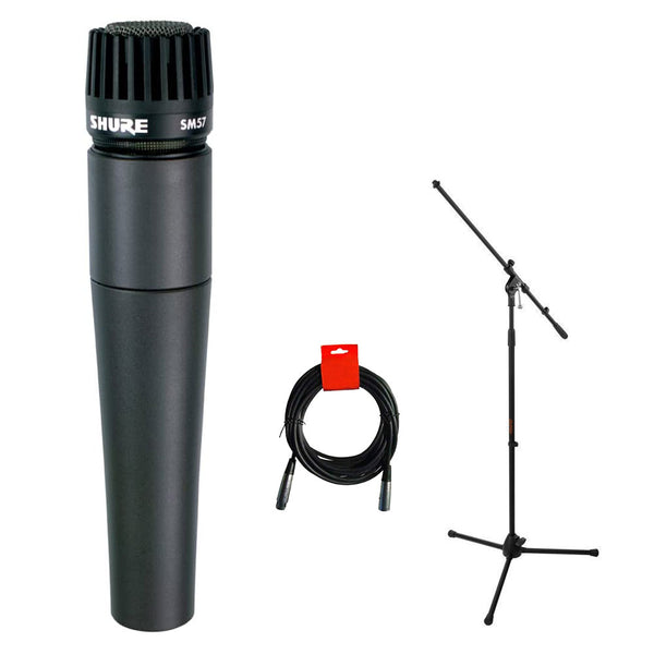 Shure SM57-LC Dynamic Instrument Microphone with Tripod Microphone Stand & XLR Cable Bundle