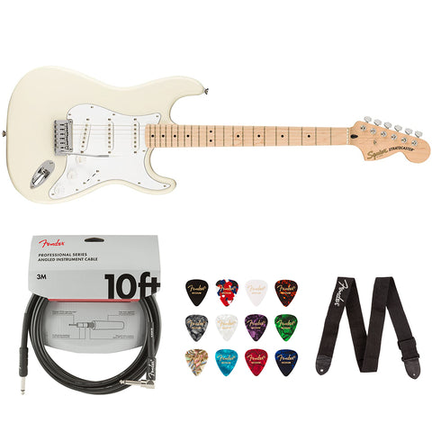 Squier by Fender Affinity Series Stratocaster (Maple fingerboard, Olympic White) Bundle with Fender 10ft Cable (Straight/Straight), Fender Guitar 12-Pack Picks, and Fender 2" Guitar Straps