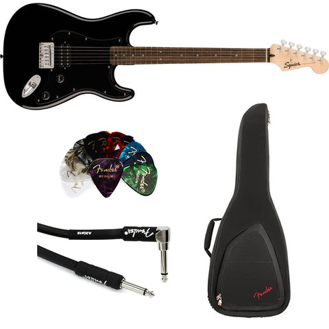 Squire Sonic Stratocaster HT H Electric Guitar, Black, Laurel Fingerboard, Black Pickguard Bundle with Fender FE620 Electric Guitar Gig Bag, Instrument Cable 10' and Celluloid Guitar Picks 351 Shape