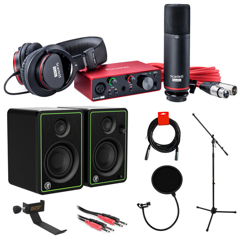 Focusrite Scarlett Solo Studio 3rd Gen USB Audio Interface Bundle Mackie CR3-X 3" Multimedia Monitors (Pair, Green), Auray Tripod Mic Stand, 3.3' Phone Cable, Clamp-On Headphone Holder, Pop Filter, and XLR-XLR Cable