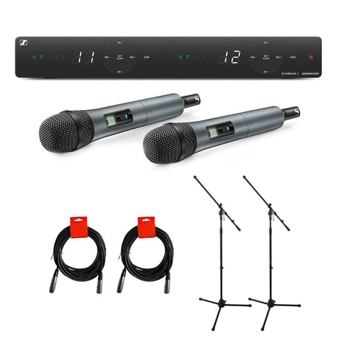 Sennheiser XSW 1-825 DUAL-A Channel Wireless Microphone System with 2x Tripod Mic Stand & 2x XLR-XLR Cable Bundle