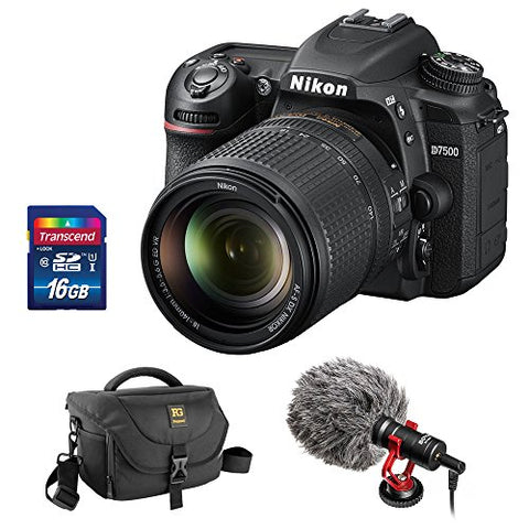 Nikon D7500 DSLR Camera with 18-140mm Lens, Journey 34 DSLR Shoulder Bag, BY-MM1 Shotgun Video Microphone & 16GB Memory Card Kit