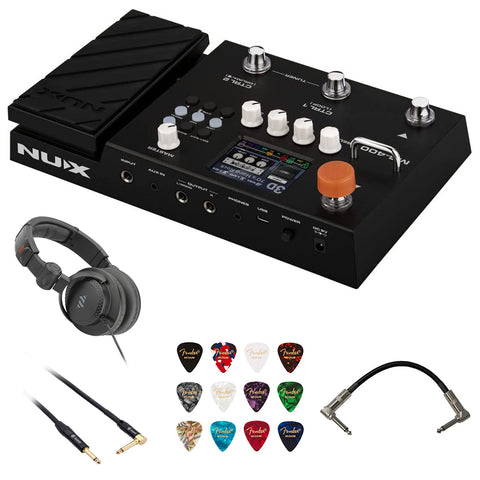 NUX MG-400 Multi Effects Pedal Bundle with Polsen HPC-A30-MK2 Studio Monitor Headphones, Kopul 10' Instrument Cable, 6" Patch Cable Right Angle, and Fender 12-Pack Picks