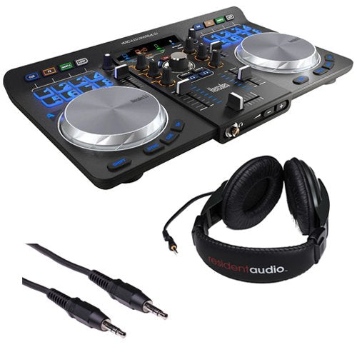 Hercules Universal DJ Bluetooth DJ Software Controller with R100 Stereo Headphones & Mini Male to Stereo Mini Male Cable (Black) 3'