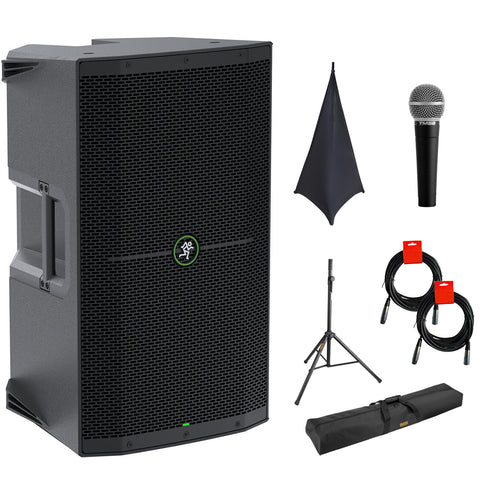 Mackie Thump212 1400W 12" Powered PA Loudspeaker System Bundle with On-Stage SSA100 Speaker Stand Skirt, Auray Adjustable Speaker Stand, Stand Bag, Vocal Mic, and 2x XLR-XLR Cable