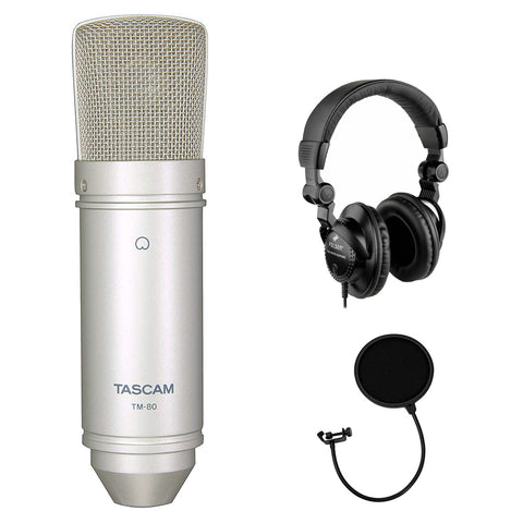 Tascam TM-80 Studio Condenser Microphone with Polsen HPC-A30 Studio Headphones & Pop Filter Bundle