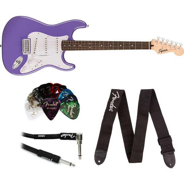 Squier Sonic Stratocaster Electric Guitar Ultraviolet, Laurel Fingerboard, White Pickguard Bundle with Fender Professional Instrument Cable, Logo Guitar Strap and Celluloid Guitar Picks 12-Pack