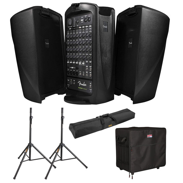 Fender Passport VENUE Self-Contained Portable Audio System with Gator Case G-PA TRANSPORT-LG PA Case, (2) Speaker Stand & Stand Bag Bundle
