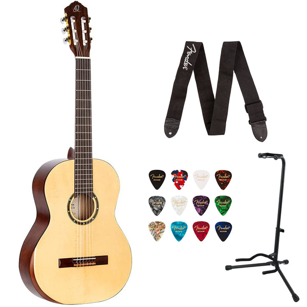 Ortega Guitars 6 String Student Series Pro with Arm Rest Solid Top Nylon Classical Guitar, Right (R55DLX) Bundle with Fender 2" Logo Guitar Strap, Fender 12-Pack Picks, and Gator Guitar Stand