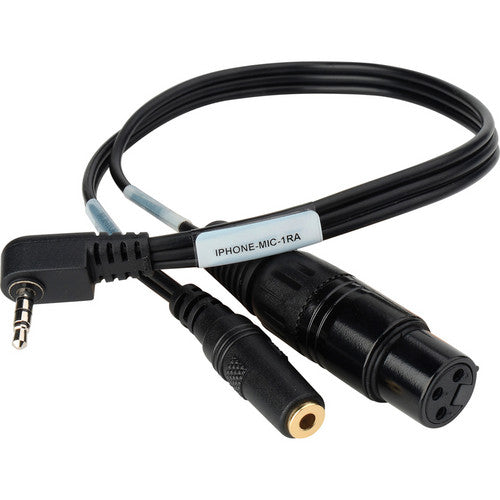Sescom iPhone/iPod/iPad Right Angle TRRS to XLR Mic & 3.5mm Monitoring Jack Cable, 1 Feet