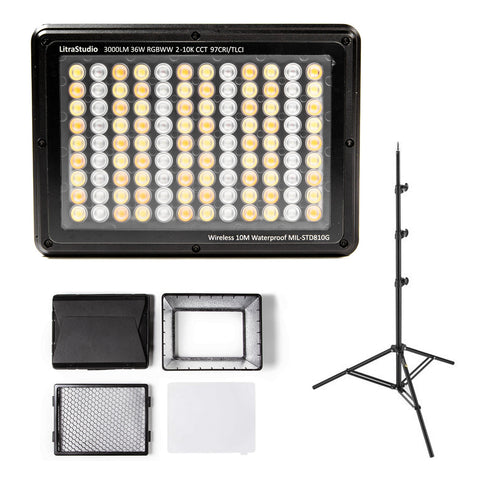 LITRA LitraStudio RGBWW Photo & Video LED Light with LITRA Light Modification Kit & 8' Light Stand Bundle