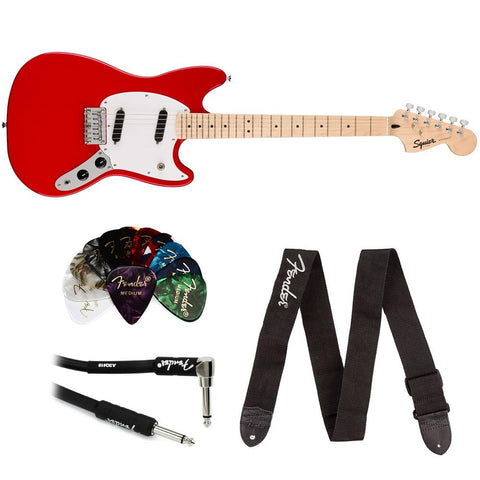 Squier Sonic Mustang Electric Guitar Torino Red, Maple Fingerboard Bundle with Fender Logo Guitar Strap Black, Fender 12-Pack Celluloid Picks, and Straight/Angle Instrument Cable