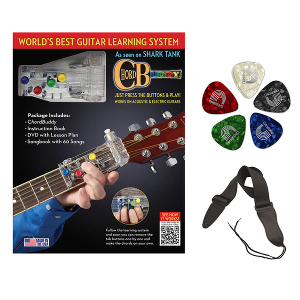ChordBuddy Learning System with Planet Waves Classic Pearl 10-Pack Guitar Pick & Guitar Strap Bundle
