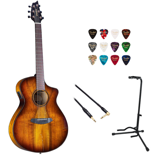 Breedlove ECO Pursuit Exotic S Concert CE Acoustic-Electric Guitar - Tiger's Eye Myrtlewood Bundle with Kopul 10' Instrument Cable, Fender 12-Pack Picks, and Gator Guitar Stand