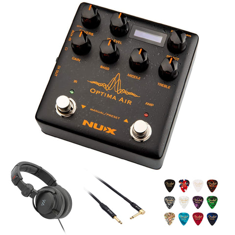 NUX NAI-5 Optima Air Dual-Switch Acoustic Guitar Simulator with Preamp Bundle with Polsen HPC-A30-MK2 Studio Monitor Headphones, Kopul 10' Instrument Cable, and Fender 12-Pack Picks