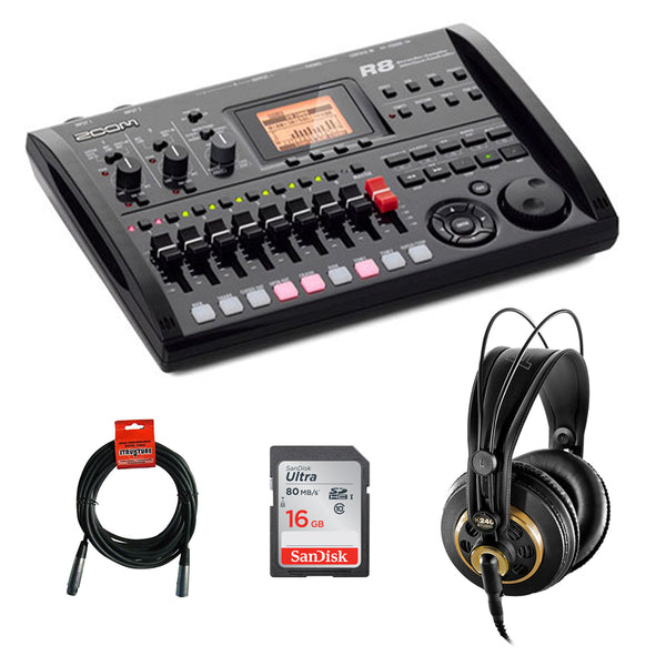 Zoom R8 Multitrack SD Recorder Controller and Interface with AKG K 240 Pro Stereo Headphone, 16GB UHS-I SDHC Memory Card & XLR Cable Bundle