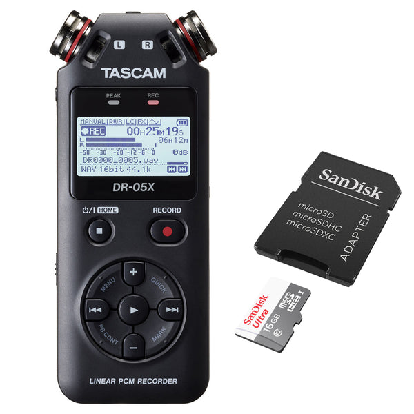 Tascam DR-05X 2-Input / 2-Track Portable Audio Recorder with Onboard Stereo Microphone & SanDisk 16GB UHS-I microSDHC Memory Card w/ SD Adapter Bundle