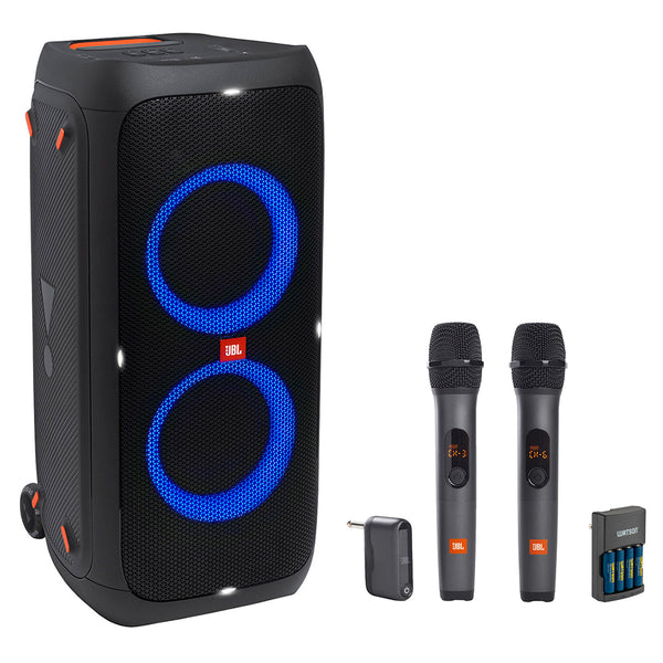 JBL PartyBox 310 Portable Bluetooth Speaker Bundle with JBL Wireless Microphone System (2-Pack) and Rapid Charger with 4 AA Batteries