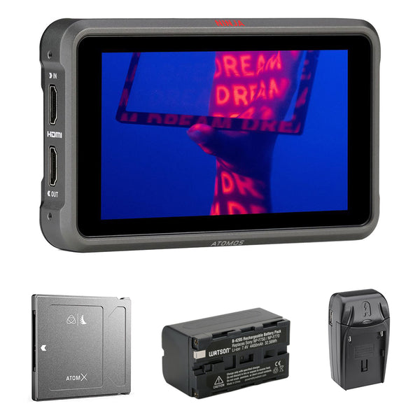 Atomos Ninja V+ 5" 8K HDMI H.265 Raw Recording Monitor Bundle with Angelbird AtomX 500GB SSDmini, Li-Ion Battery Pack and AC/DC Charger