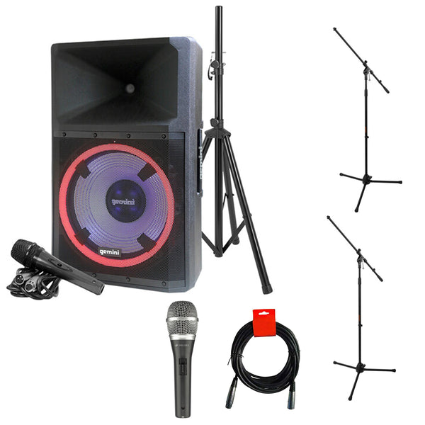 Gemini Sound GSP-L2200PK Indoor 2200 Watt with 15" Inch Woofer, LED Party Lights, Built in Media Player, and Included Microphone and Speaker Stand Bundle with Polsen M-85 Handheld Microphone, Auray MS-5230F Tripod Microphone Stand, and XLR-XLR Cable