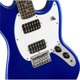 Squier by Fender Bullet Mustang HH Short Scale Beginner Electric Guitar (Blue) Bundle with Fender 10ft Cable (Straight/Straight), Fender Guitar 12-Pack Picks, and Fender 2" Guitar Straps