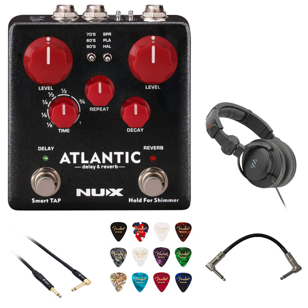 NUX Atlantic Multi Delay and Reverb Effect Pedal Bundle with Polsen HPC-A30-MK2 Studio Monitor Headphones, Kopul 10' Instrument Cable, Patch Cable Right Angle, and Fender 12-Pack Picks