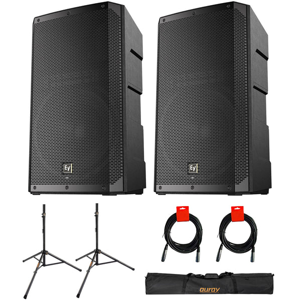 Electro-Voice ELX200-15P 15" 1200W 2-Way Powered Loudspeaker (Pair) Bundle with Auray SS-47S-PB Steel Speaker Stands with Carrying Case and 2X XLR-XLR Cables