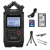 Zoom H4n Pro All Black 4-Track Portable Recorder (2020 Model) with Zoom RC4 Remote, 16GB Memory Card, Tripod & Audio Cables Bundle