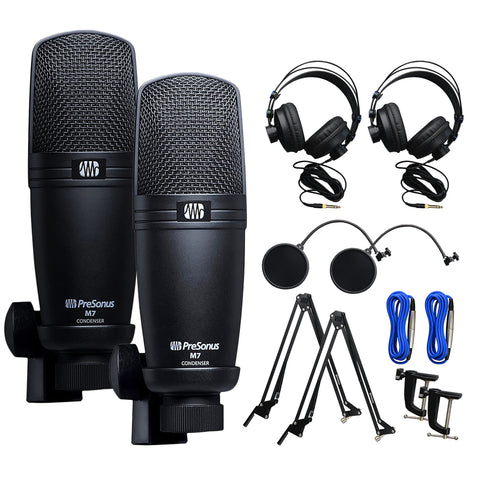 PreSonus M7 Cardioid Condenser Microphone Broadcaster Accessory Pack with 2x Microphone Boom Arm, 2x Pop Filter, 2x Headphones, and 2x XLR Cable