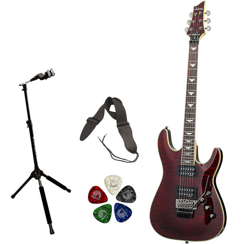 Schecter Omen Extreme-FR Electric Guitar, Black Cherry Bundle with Ultimate Support Pro Guitar Stand, Guitar Strap and Classic Guitar Pick (10-Pack)