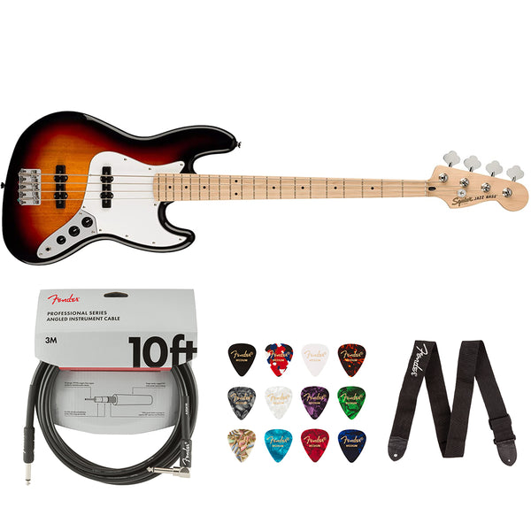 Squier by Fender Affinity Series Jazz Bass (Maple fingerboard, 3-Color Sunburst) Bundle with Fender 10ft Cable (Straight/Straight), Fender Guitar 12-Pack Picks, and Fender 2" Guitar Straps