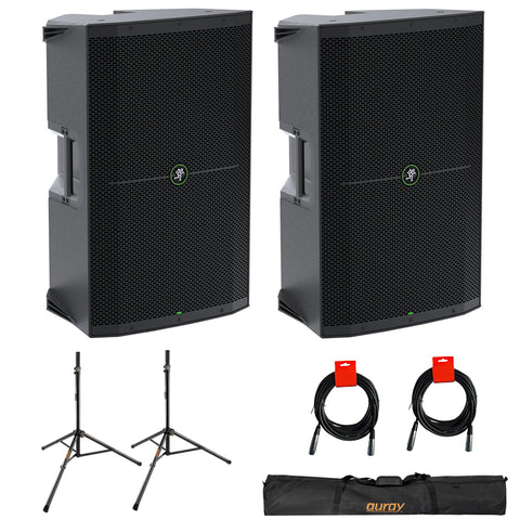 Mackie Thump215 1400W 15" Powered PA Loudspeaker System (Pair) Bundle with Auray SS-47S-PB Steel Speaker Stands, Carrying Case, and 2x 20" XLR-XLR Cable