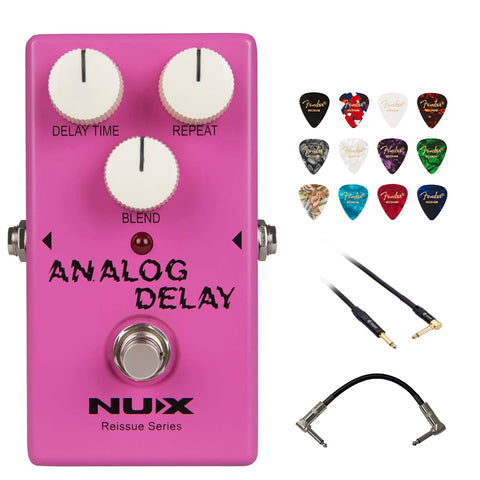 NUX Analog Delay Guitar Effect Pedal Bundle with Kopul 10' Instrument Cable, Strukture S6P48 6" Patch Cable Right Angle, and Fender 12-Pack Picks