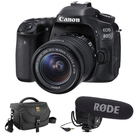 Canon EOS 80D DSLR Camera with 18-55mm Lens plus Rode VideoMic Pro, Rycote Lyre Shockmount & DSLR Shoulder Bag Bundle