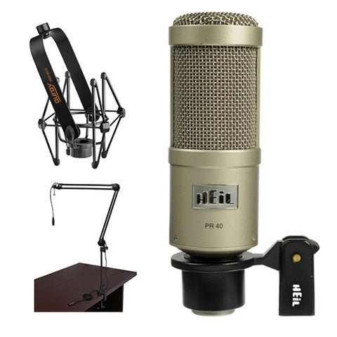 Heil Sound PR 40 Dynamic Cardioid Studio Microphone (Champagne) with Suspension Shockmount and Two-Section Broadcast Arm