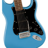 Squier Sonic Stratocaster Electric Guitar California Blue, Laurel Fingerboard, Black Pickguard Bundle with Fender Logo Guitar Strap Black, Fender 12-Pack Celluloid Picks, and Instrument Cable