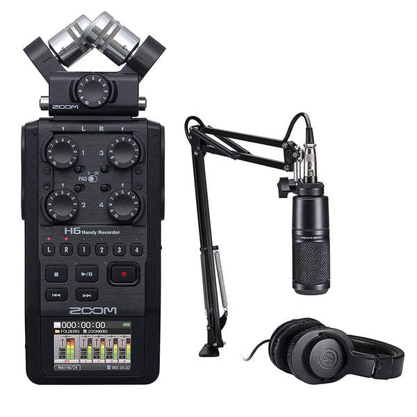 Zoom H6 All Black 6-Track / 6-Input Portable Recorder with Single Mic Capsule, Audio-Technica AT2020 Studio Microphone Bundle