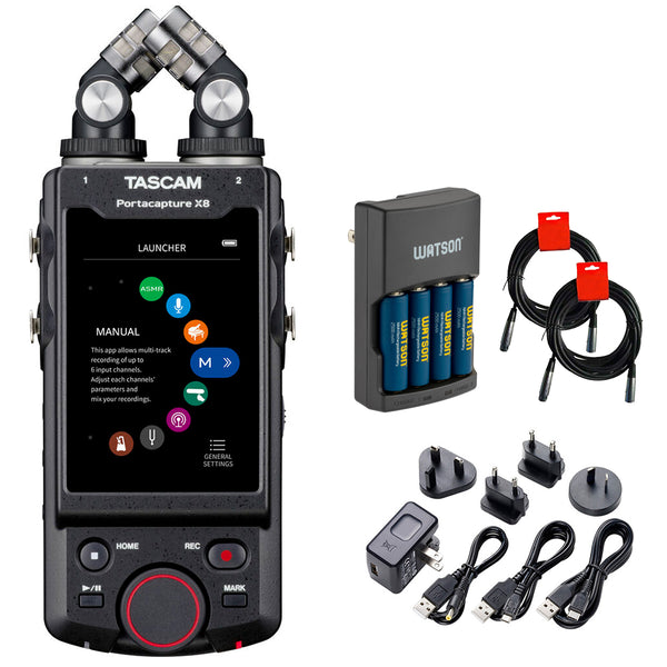 TASCAM Portacapture X8 6-Input / 8-Track Handheld Adaptive Multitrack Recorder Bundle with TASCAM AC Adapters, Watson Rapid Charger, and 2x XLR-XLR Cable