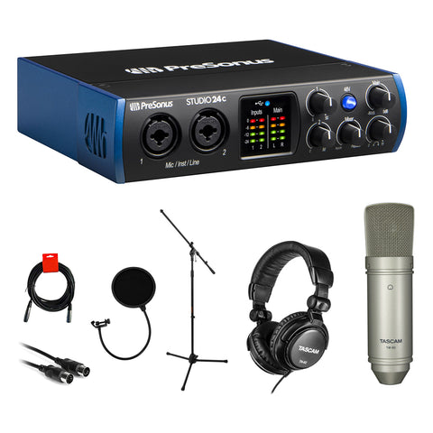 PreSonus Studio 24c Desktop USB Audio Interface Bundle with Tascam TM-80 Mic, Headphone, Pop Filter, Stand, MIDI & XLR Cable