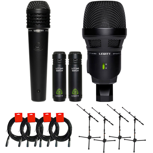 Lewitt BEATKIT Drum Mic Package for Kick, Snare, and Matched Overheads Bundle with 4x Auray MS-5220T Tripod Mic Stand and 4x XLR-XLR Cables